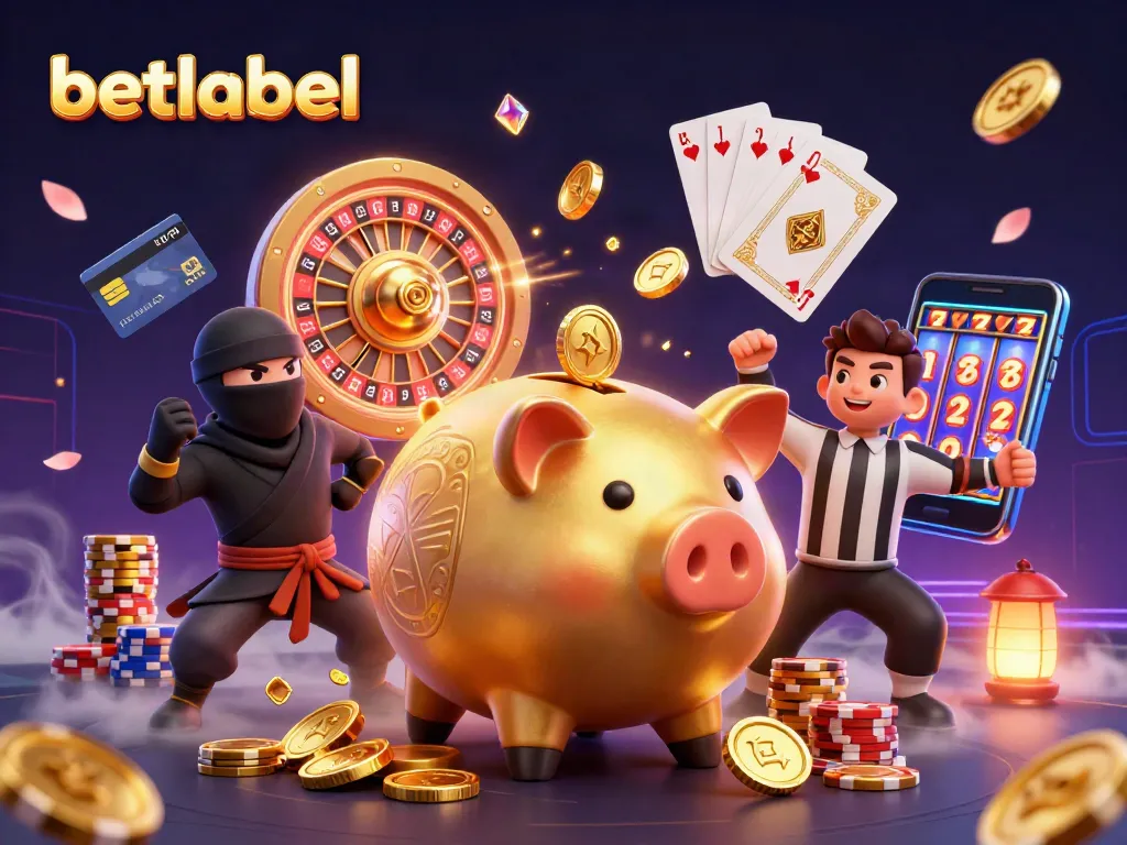 Engage with betlabel's dynamic casino scene filled with golden coins, vibrant characters, and gaming elements.