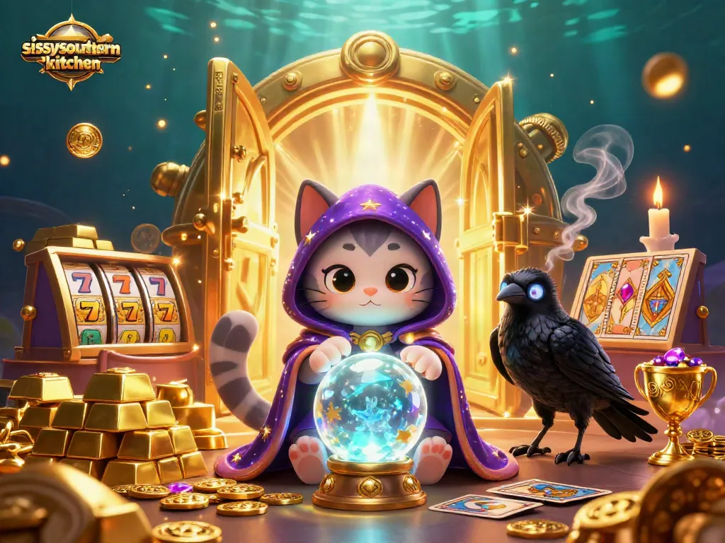 Sissy's Southern Kitchen brings a vibrant casino atmosphere alive with the mystic cat, glowing raven, and sparkling treasures.
