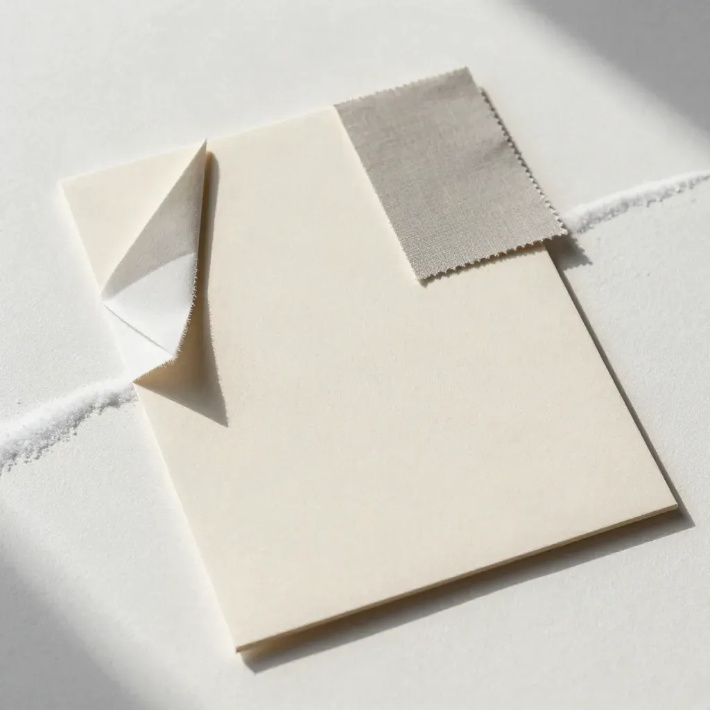 Tablero navideño con papel doblado, esquina rasgada y muestra de lino sobre fondo claro.