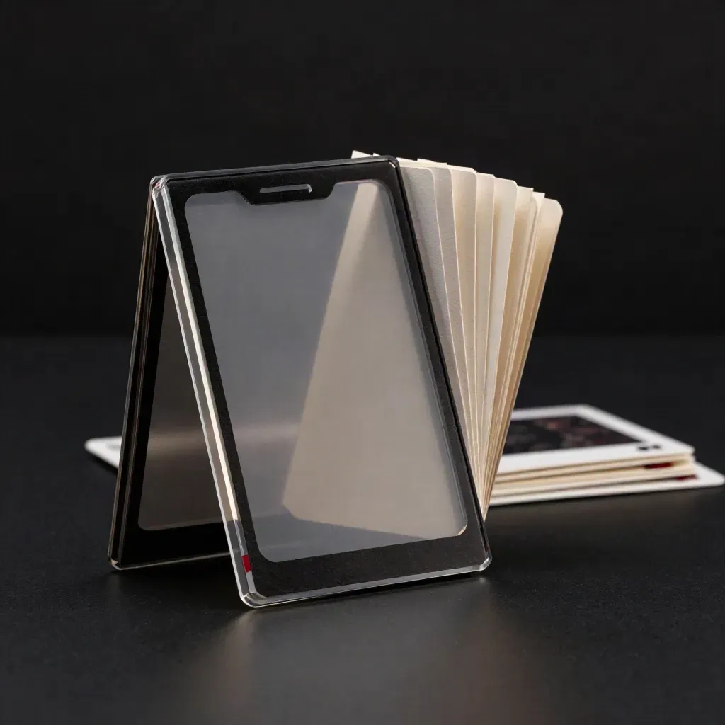 Pilas de tarjetas verticales para historias navideñas sobre fondo negro, con reflejos y luz dramática.