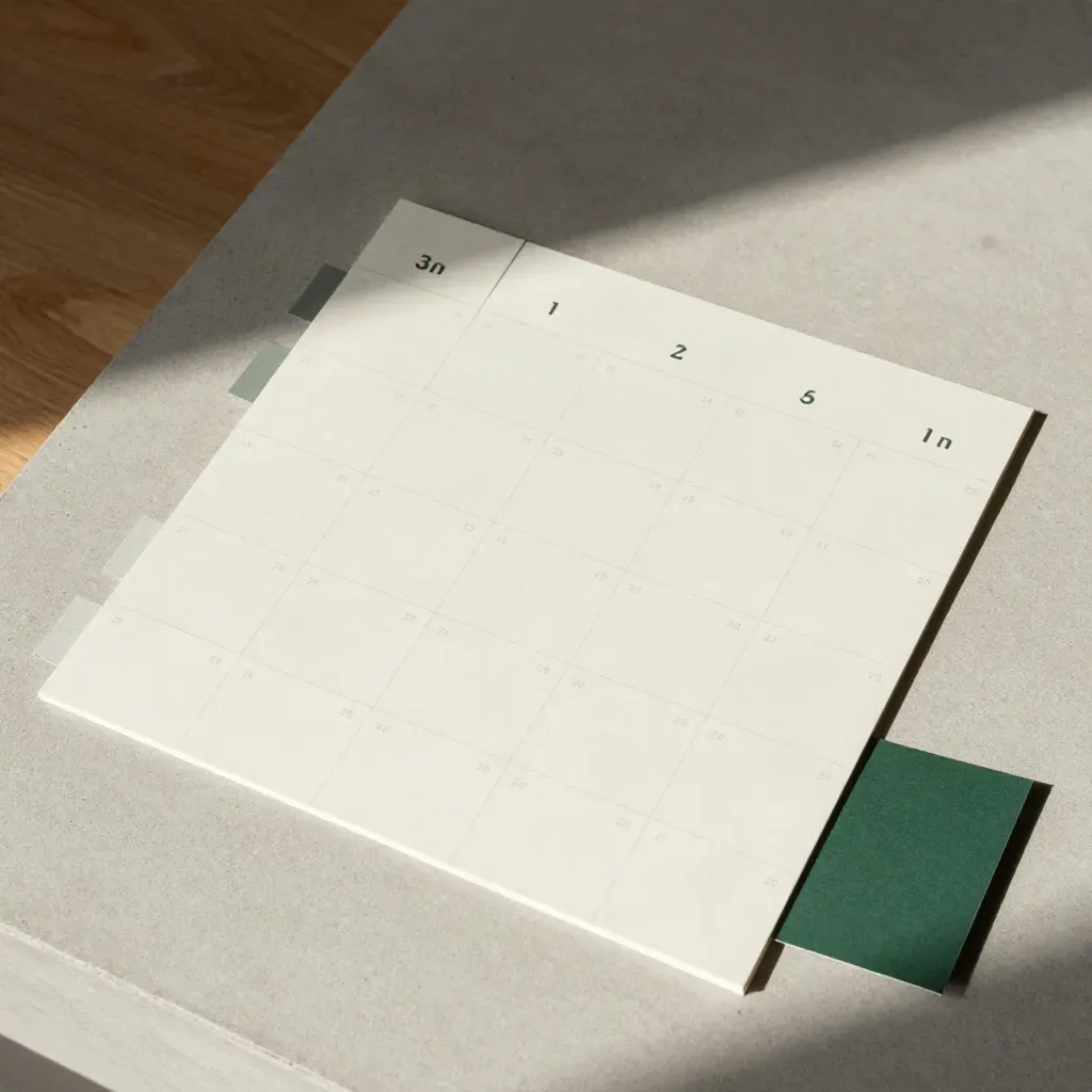 Calendario social minimalista con fichas blancas y detalle verde sobre piedra clara.
