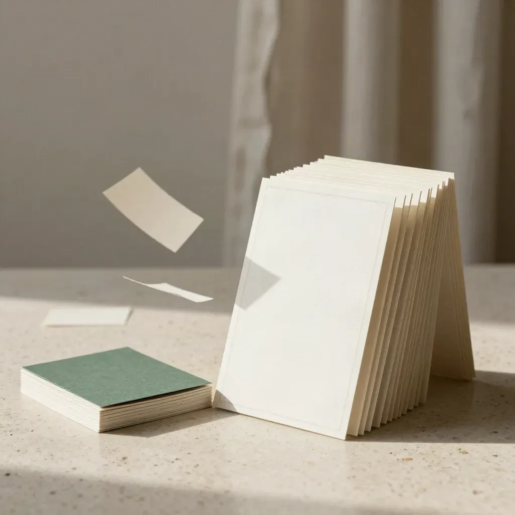 Tarjetas navideñas en cascada sobre travertino con libreta, luz suave y toque verde abeto.