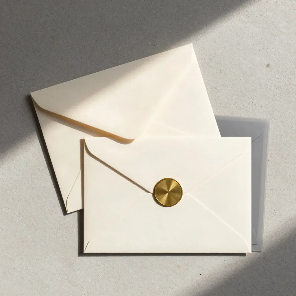Flat lay navideño con sobre plegado, tarjeta móvil y sello dorado sobre piedra clara.
