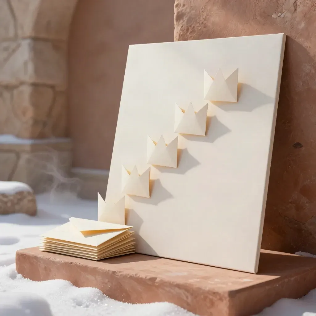 Heroe de Reyes Magos con tablero blanco, formas de corona y sobres sobre base terracota.