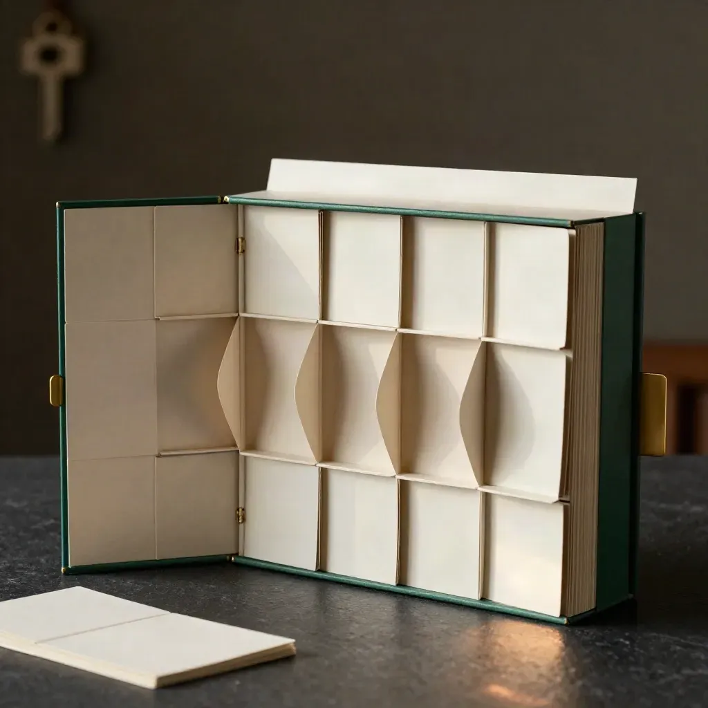 Kit de calendario de Adviento abierto, con compartimentos y tarjetas dobladas.