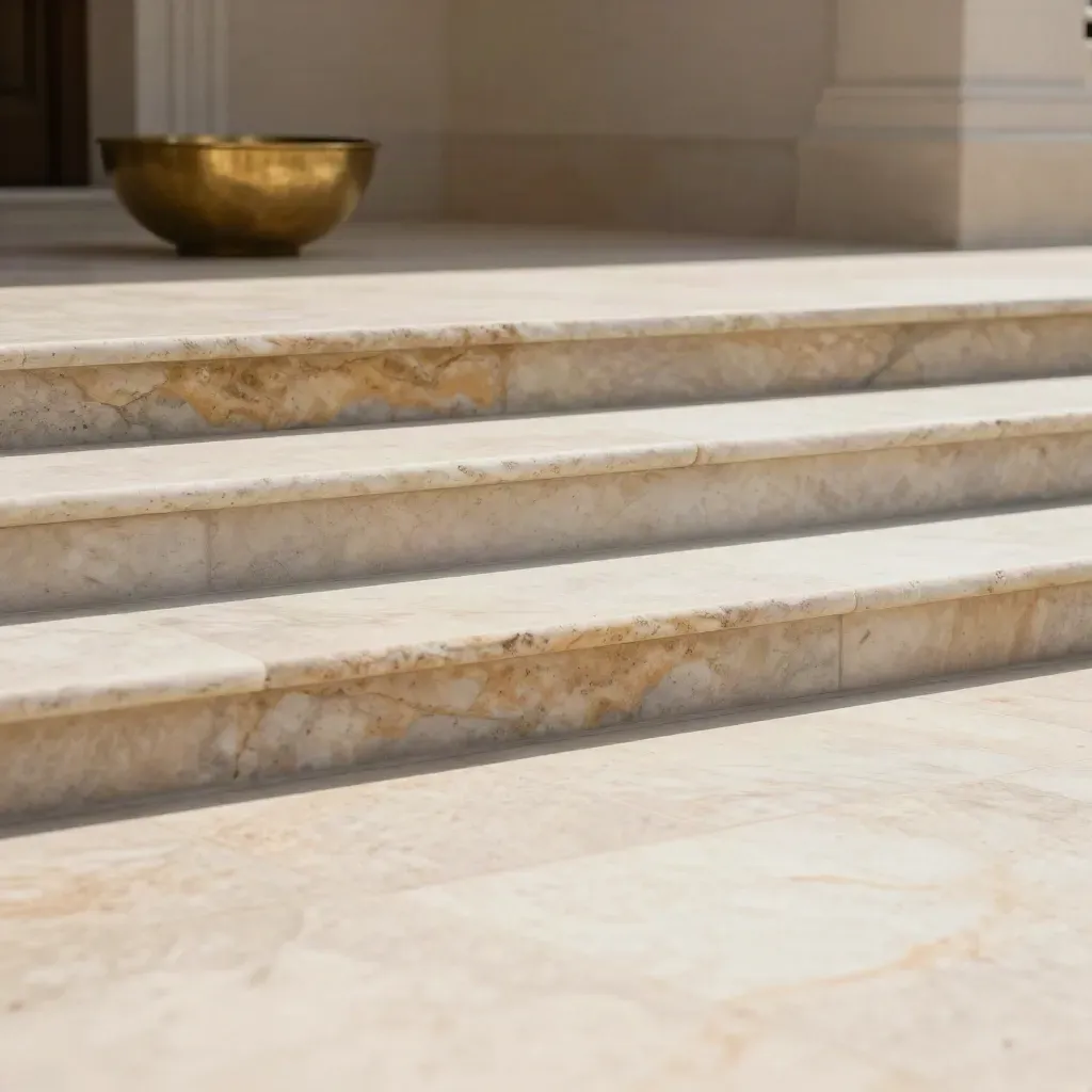 Escalera de travertino iluminada con cuenco de latón desenfocado en la parte superior.