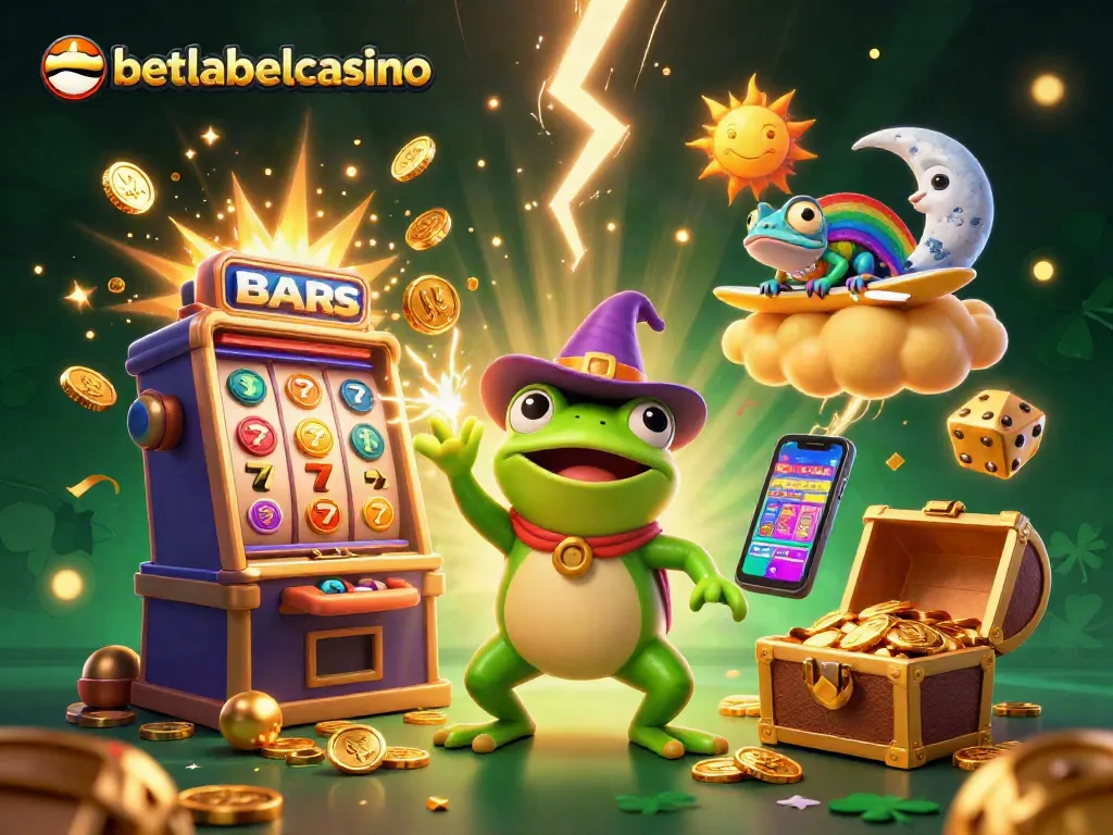 Experience thrilling wins at betlabelcasino with golden coins and vibrant casino games in a dynamic scene.