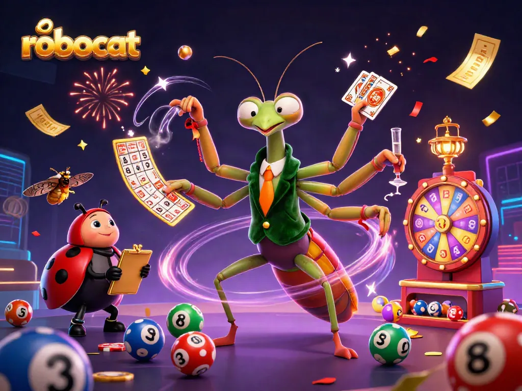 Robocat engaging in a thrilling casino atmosphere, dealing cards and managing bets.